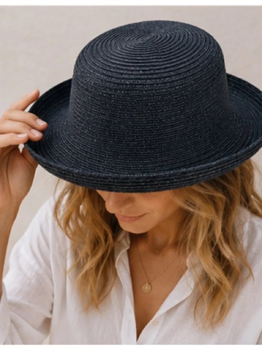 Chico's Navy Blue Black Woven Straw Sun Hat Kettle Brim Classic
